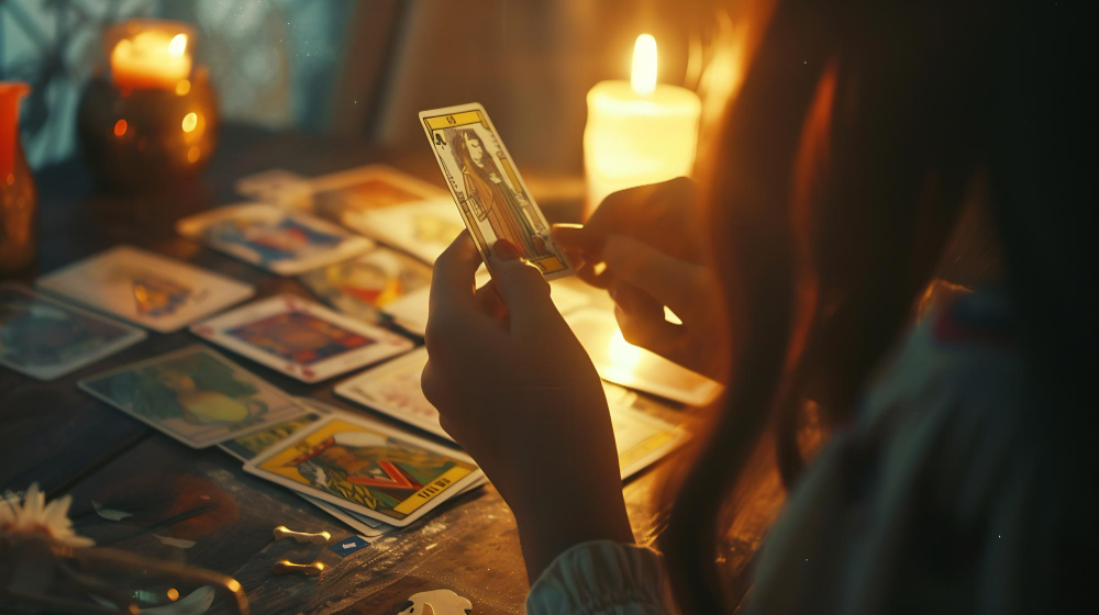 Cărți de tarot ținute în mână la lumina lumânării